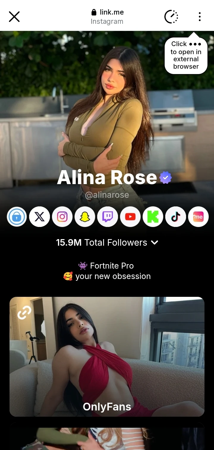 Alina Rose public link.me hub screenshot used as the link hub step in the checked route pattern.