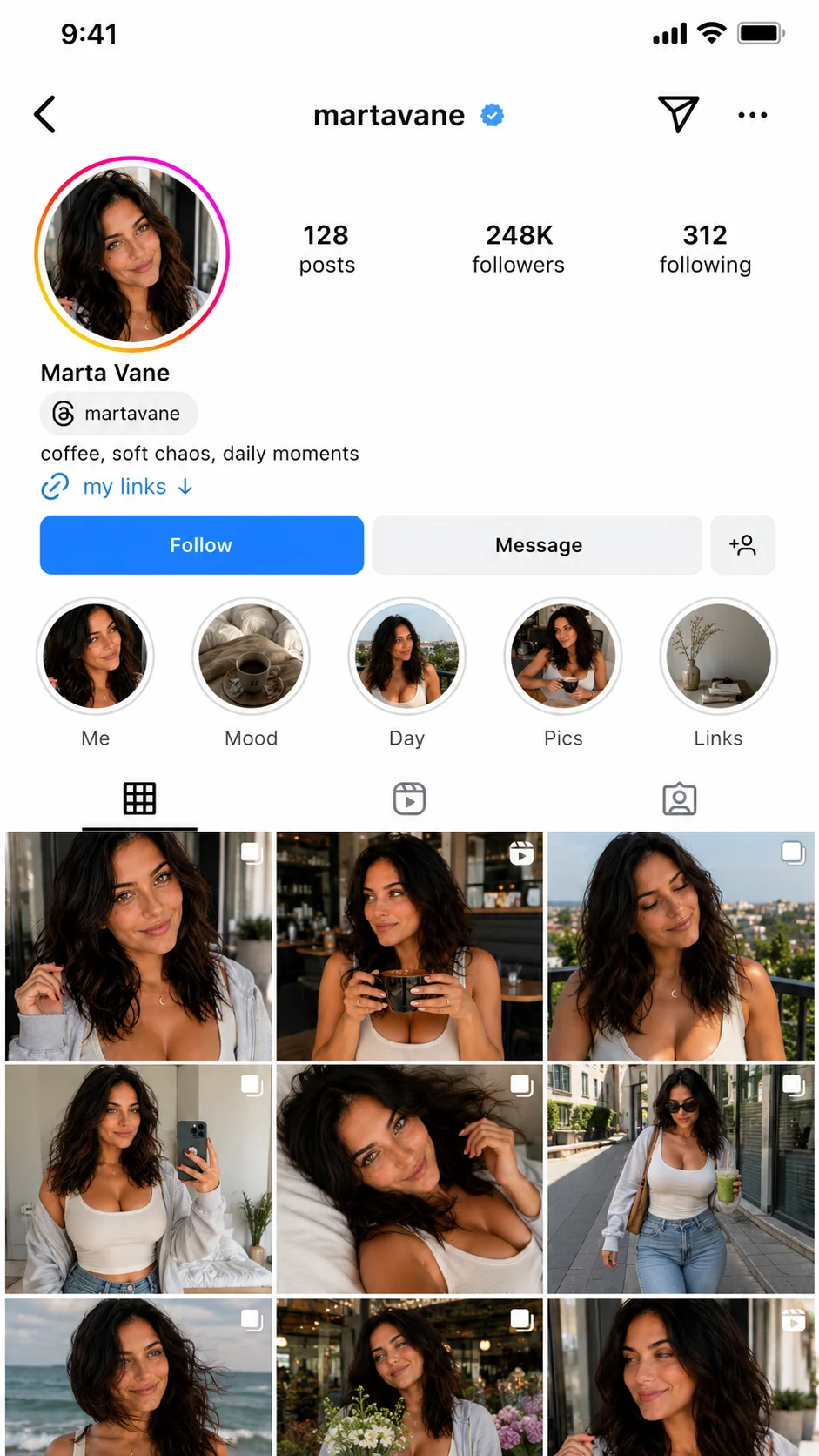 Fictional Marta Vane Instagram-style profile mockup with creator bio and link entry point.