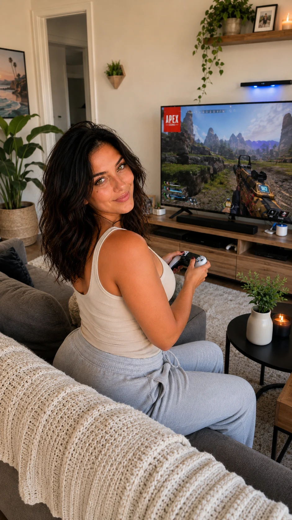Marta Vane gaming sofa scene for an Apex choice in the fictional creator route.